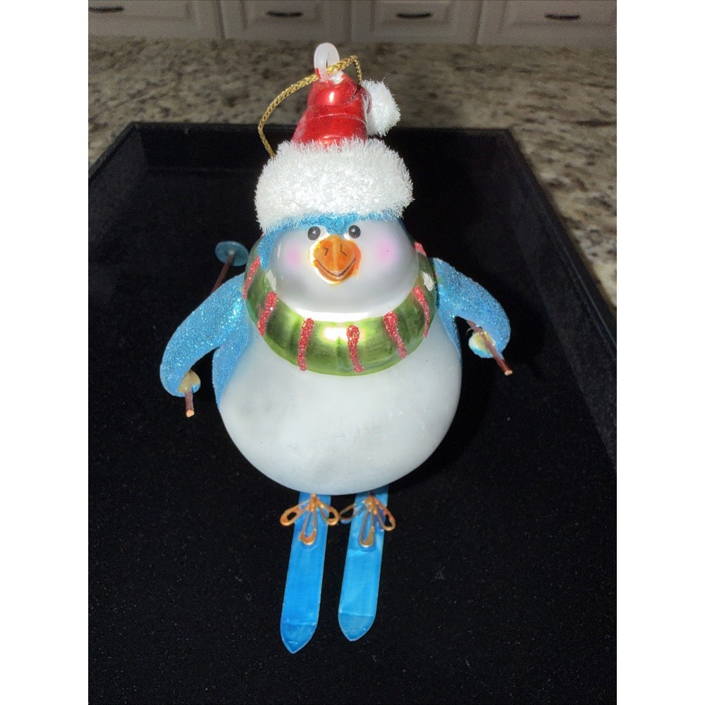 Pier 1 Art Glass Penguin Christmas Ornament Skis Brightly Glittered 4 1/2" 5420